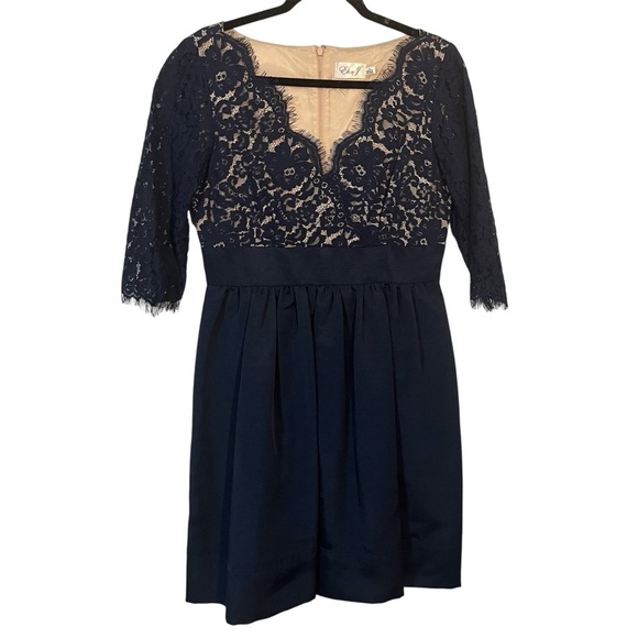 Eliza J Navy Lace V neck Long Sleeve Dress Size 10 Hoco Formal Recruitment - Picture 1 of 8